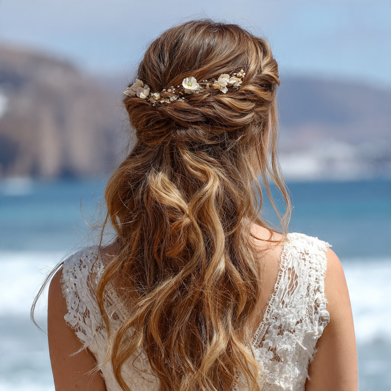 Beach Wedding Hair: 12 Wind-Proof & Beautiful Styles 1 an attractive woman having beachy soft wave half u