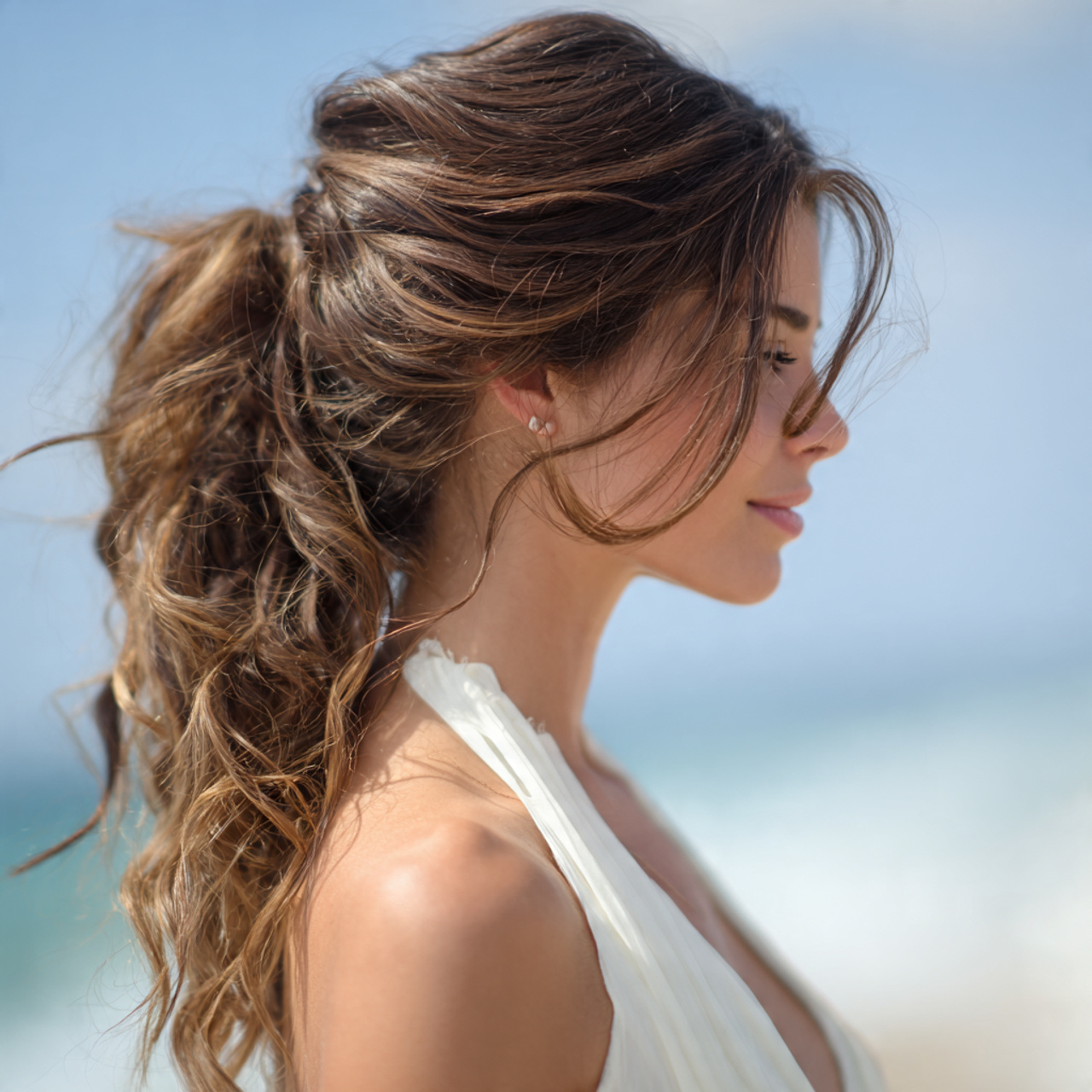 Beach Wedding Hair: 12 Wind-Proof & Beautiful Styles 4 an attractive woman having beachy textured ponytai