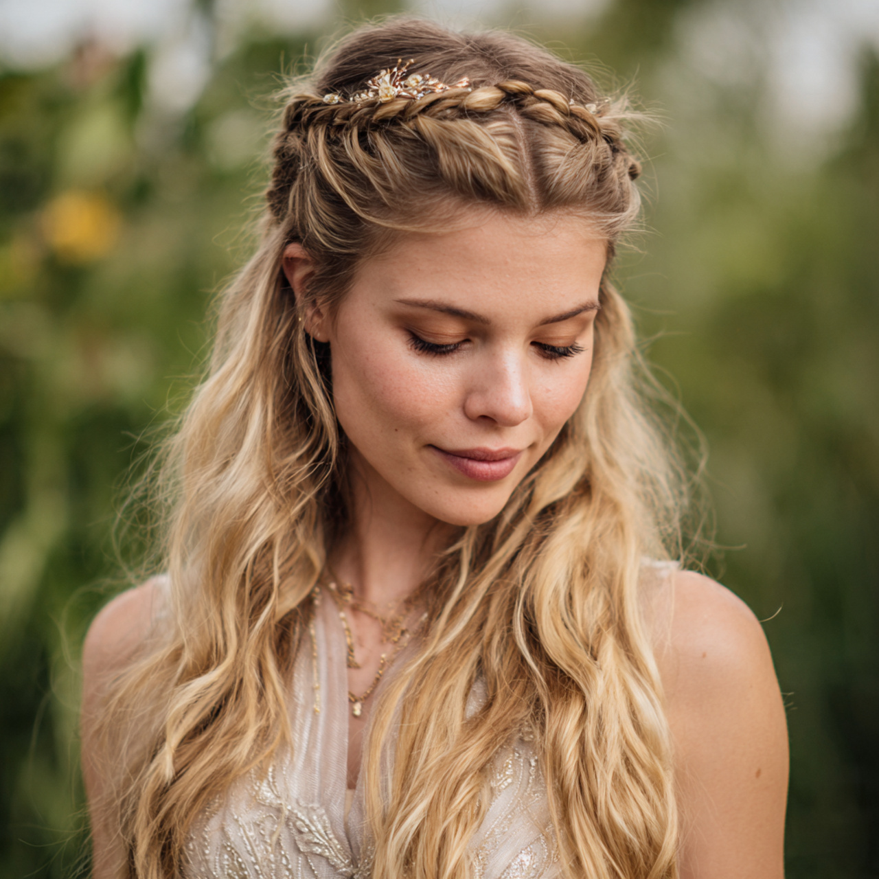 Wedding Hair Down: 13 Beautiful Style Ideas for a Natural Bridal Look 7 an attractive women having soft braided crown wedd