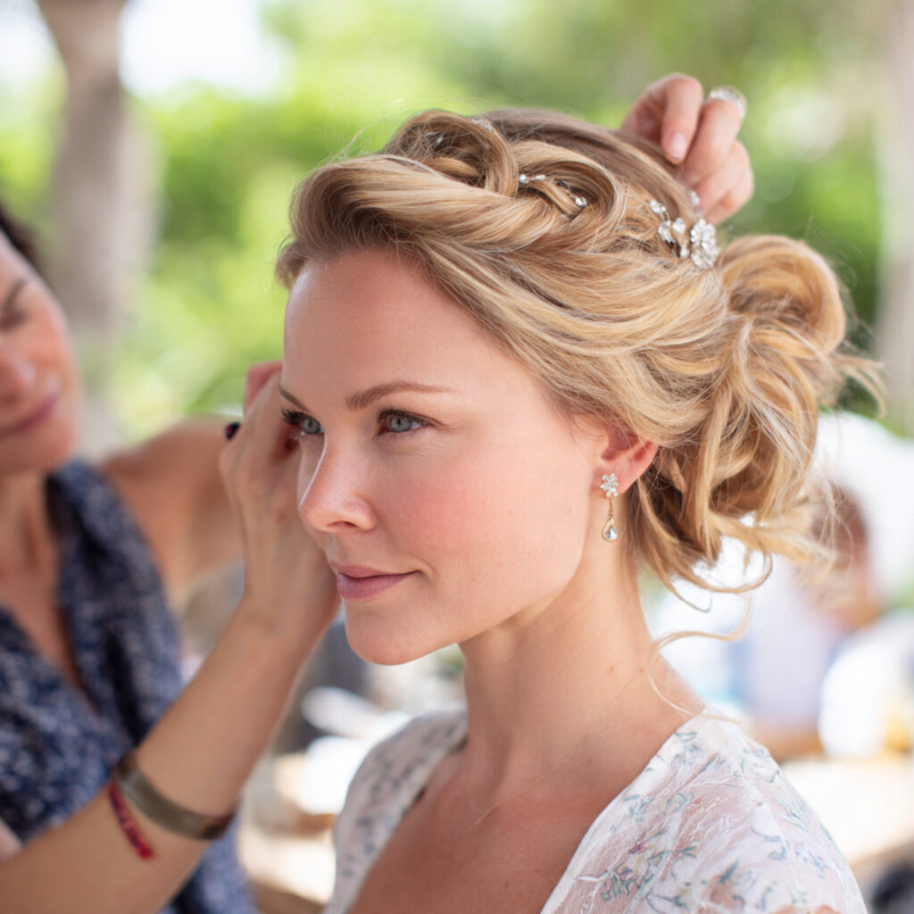 an attractive women having wedding hair and makeup