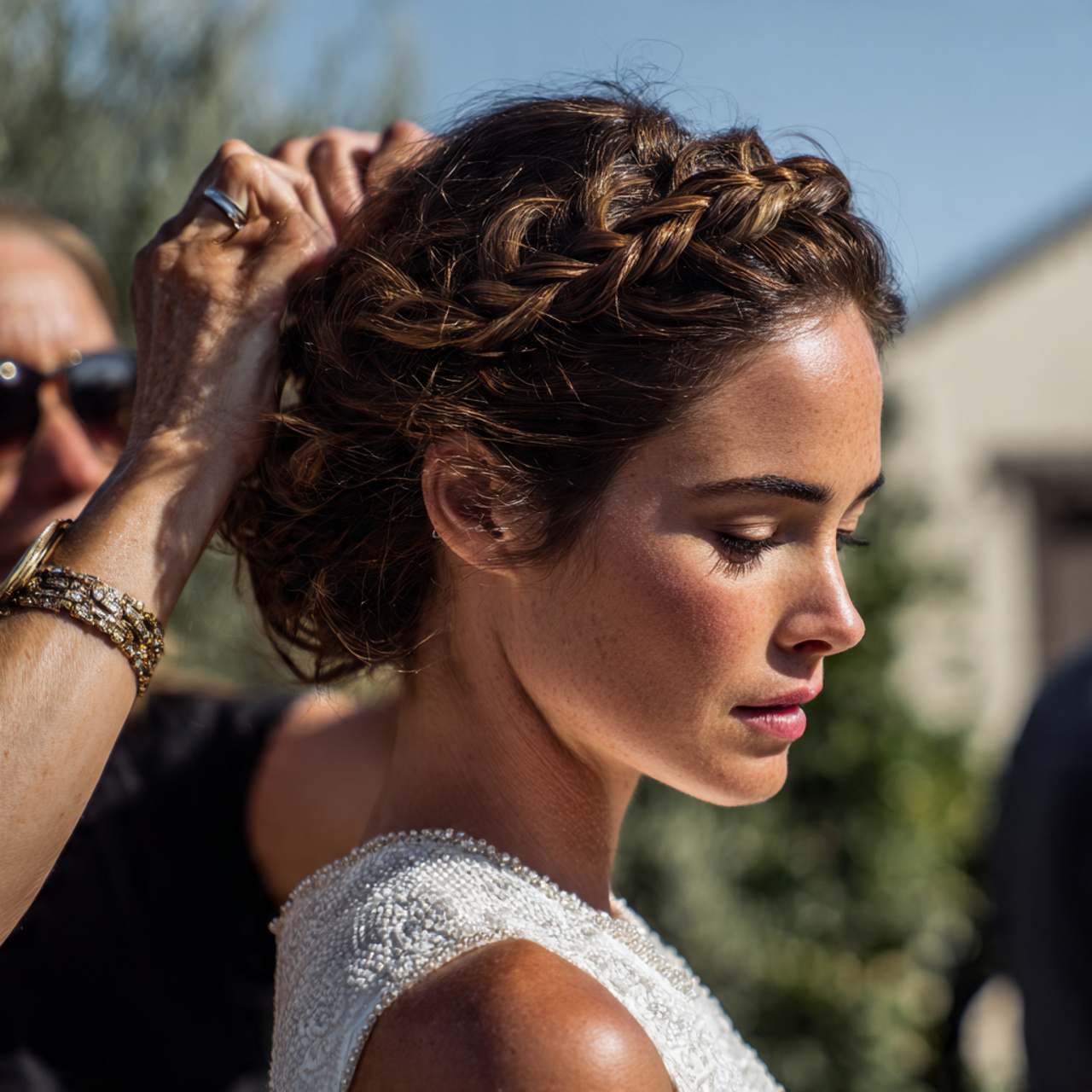 an attractive women having wedding hair braided cr