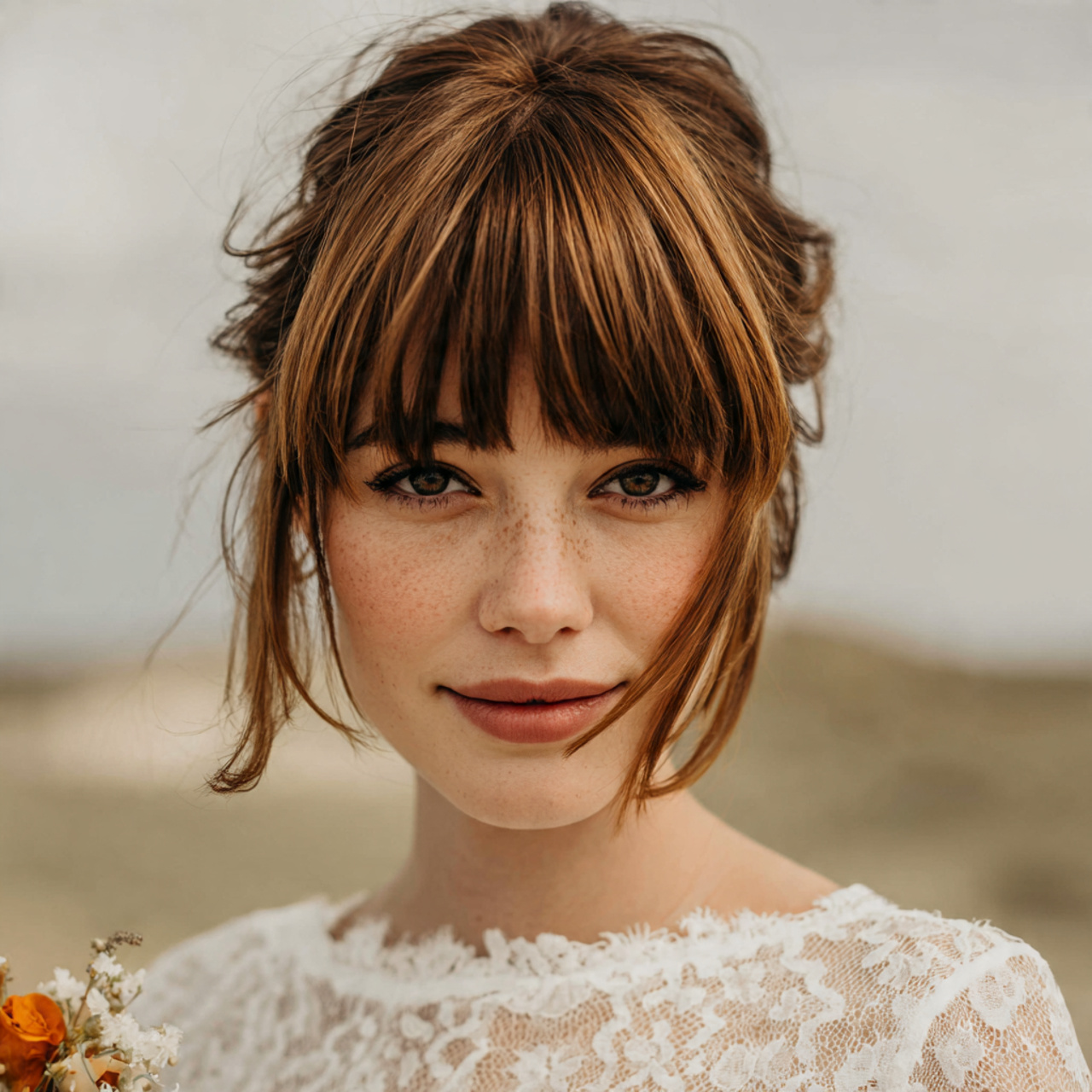 Wedding Hair with Bangs: 13 Stylish Bridal Hairstyle Ideas 13 an attractive women having wedding hair with bangs 10