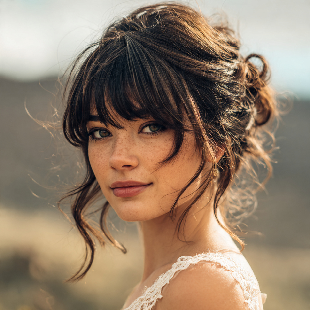 Wedding Hair with Bangs: 13 Stylish Bridal Hairstyle Ideas 6 an attractive women having wedding hair with bangs 4