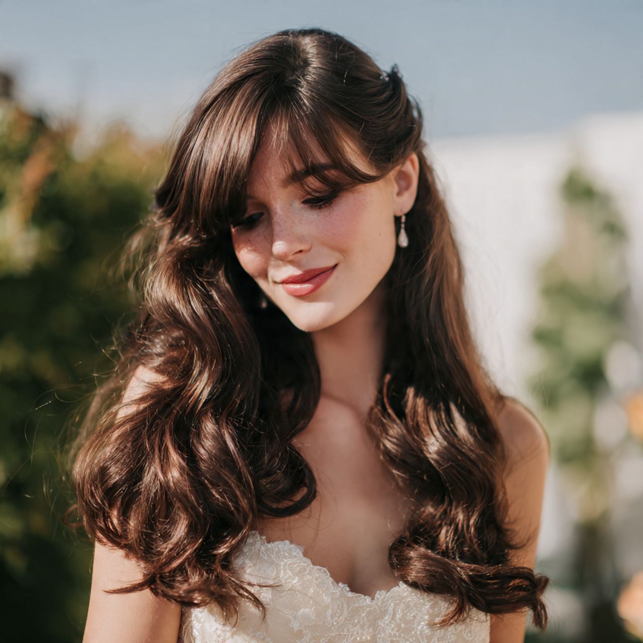 Wedding Hair with Bangs: 13 Stylish Bridal Hairstyle Ideas 7 an attractive women having wedding hair with bangs 5