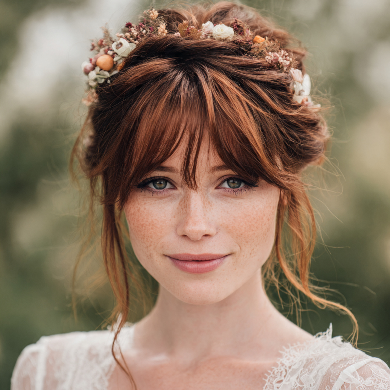 Wedding Hair with Bangs: 13 Stylish Bridal Hairstyle Ideas 8 an attractive women having wedding hair with bangs 6