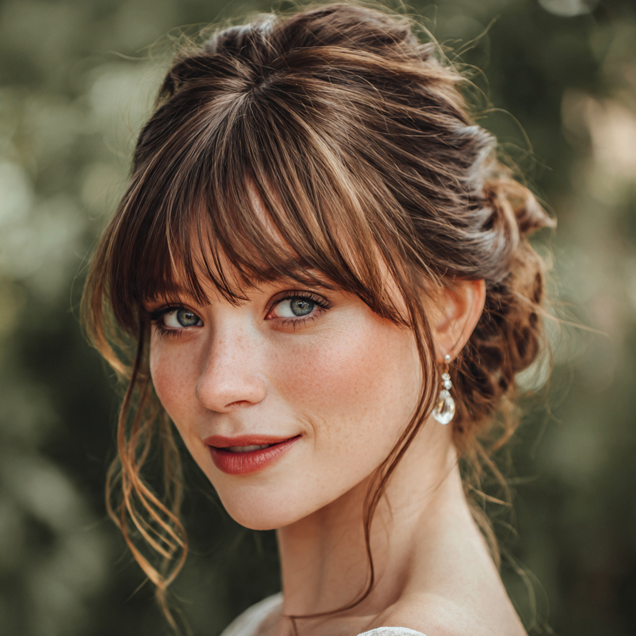 Wedding Hair with Bangs: 13 Stylish Bridal Hairstyle Ideas 11 an attractive women having wedding hair with bangs 8
