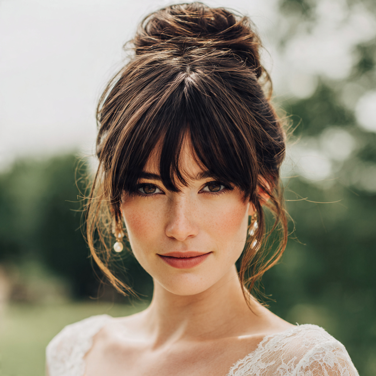 Wedding Hair with Bangs: 13 Stylish Bridal Hairstyle Ideas 2 an attractive women having wedding hair with bangs