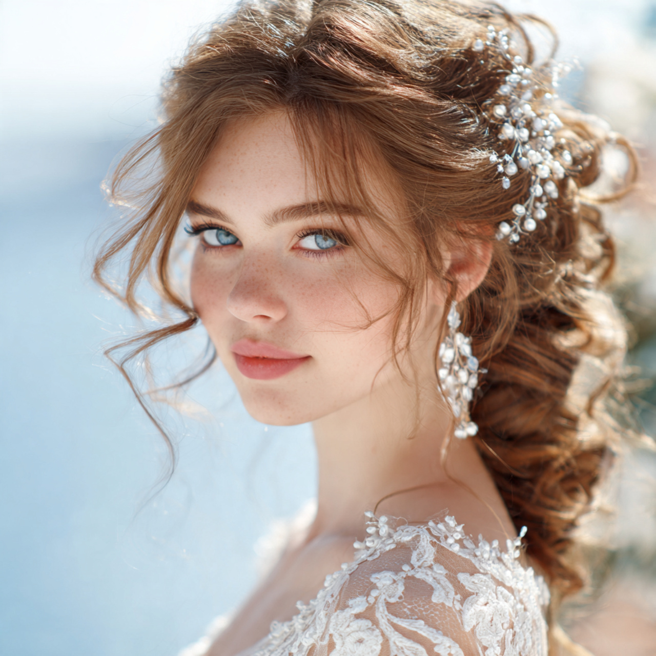 an attractive and good looking bride with apearl encrusted