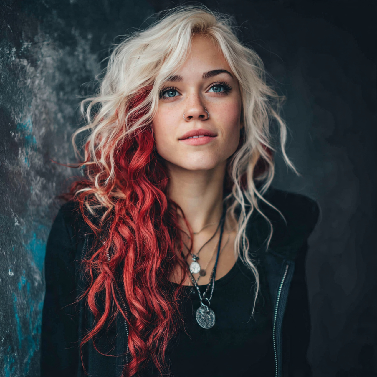 an attractive women with high contrast calico hair