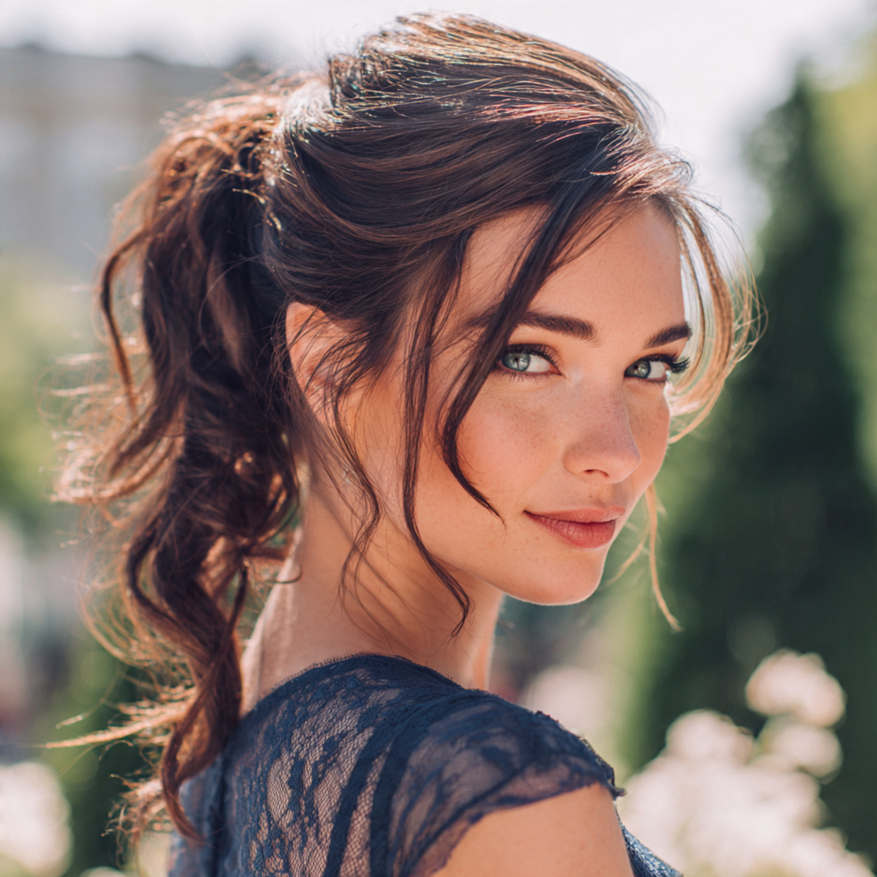 an attractive women with low ponytail with 1