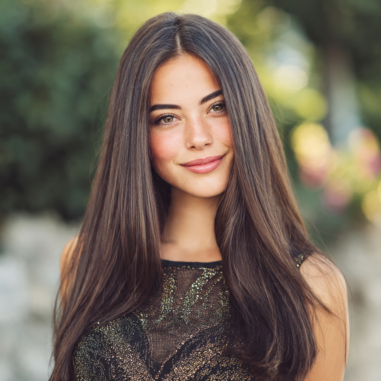 an attractive women with sleek straight hair