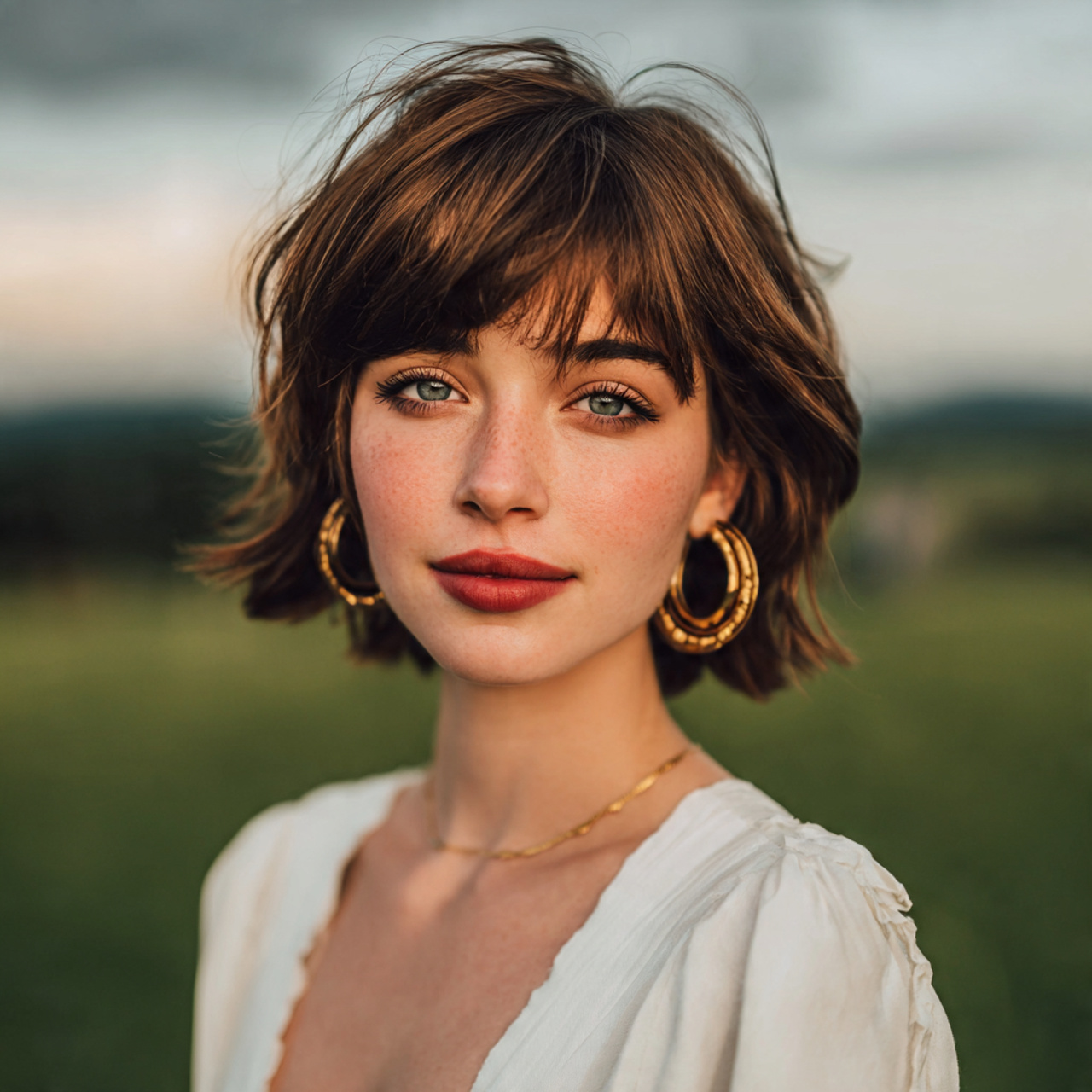 an attractive women with the side pinned curtain