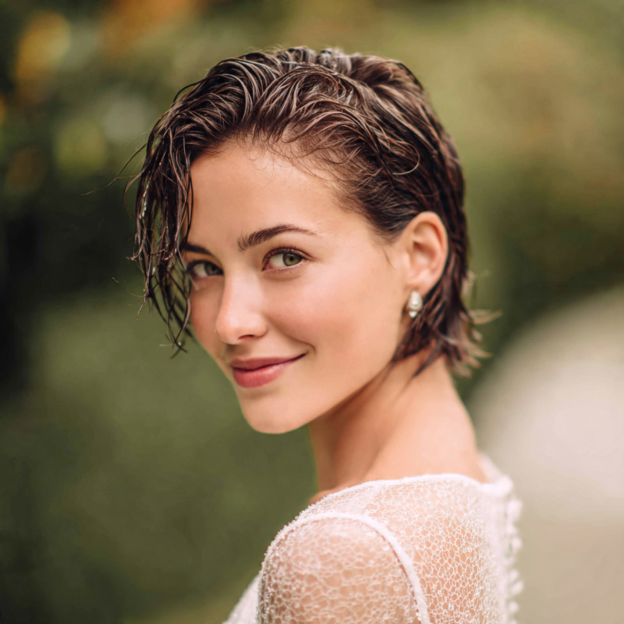 an attractive women with the slicked back wet