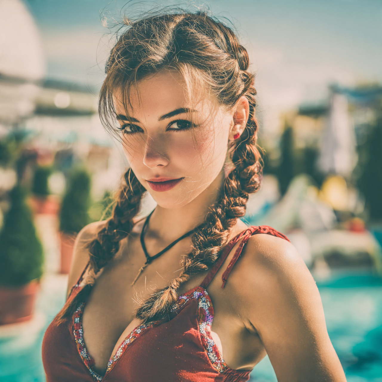 attractive women with braided pigtails hairs having