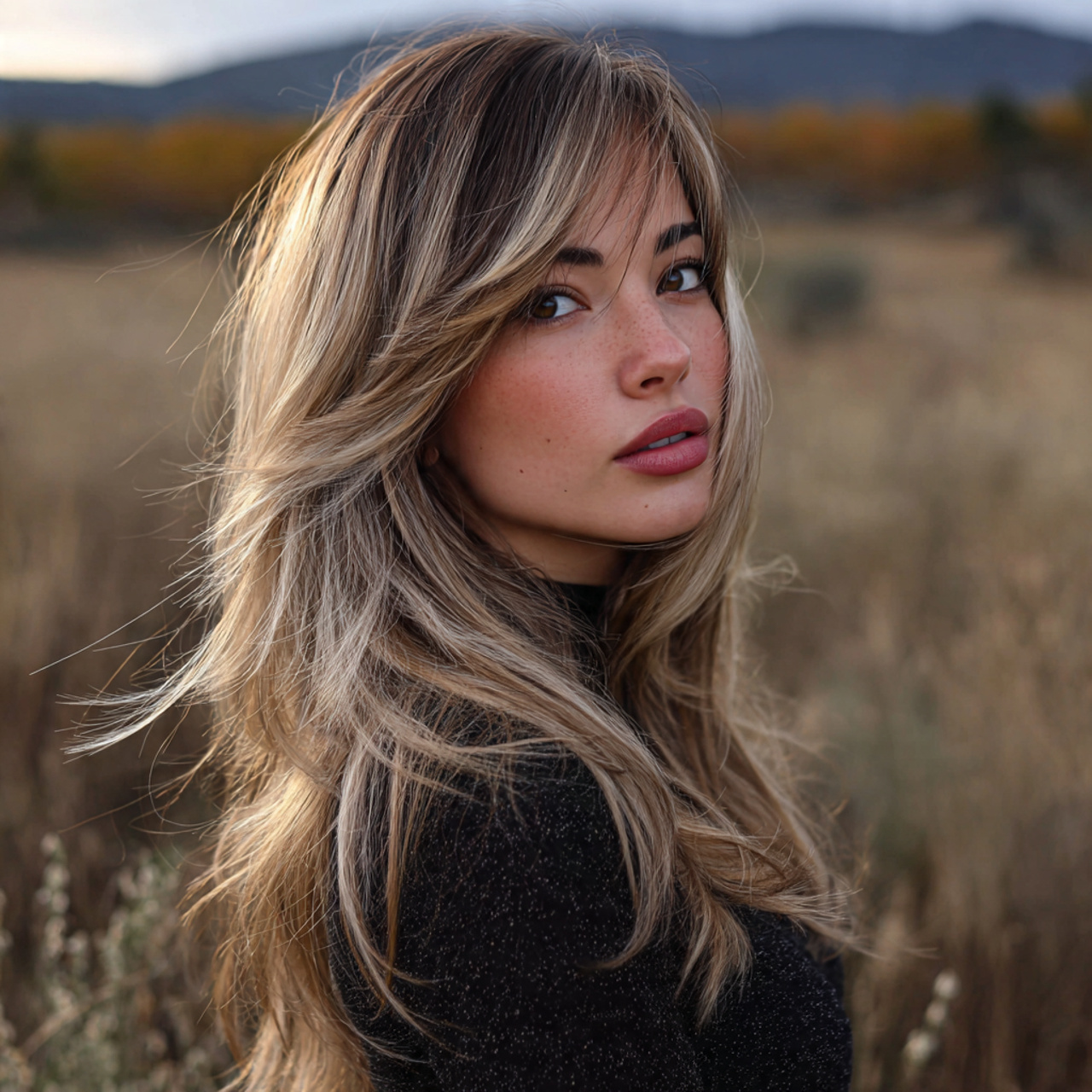 attractive women with long wolf cut with 10