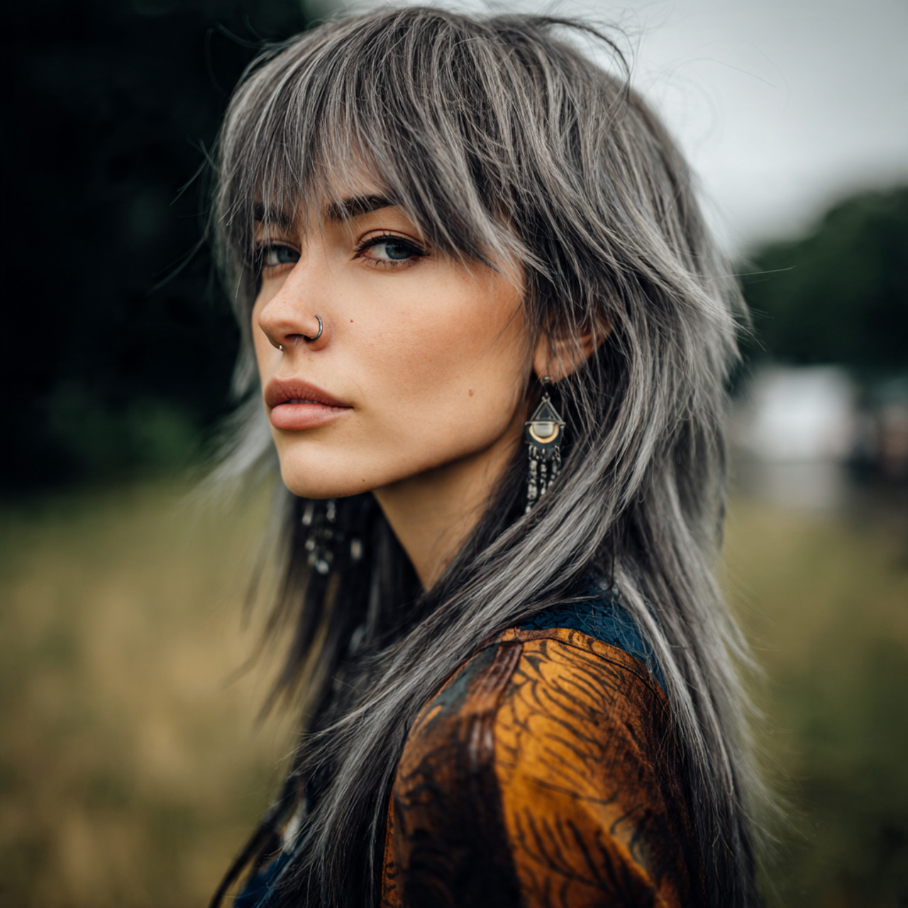 attractive women with long wolf cut with 12
