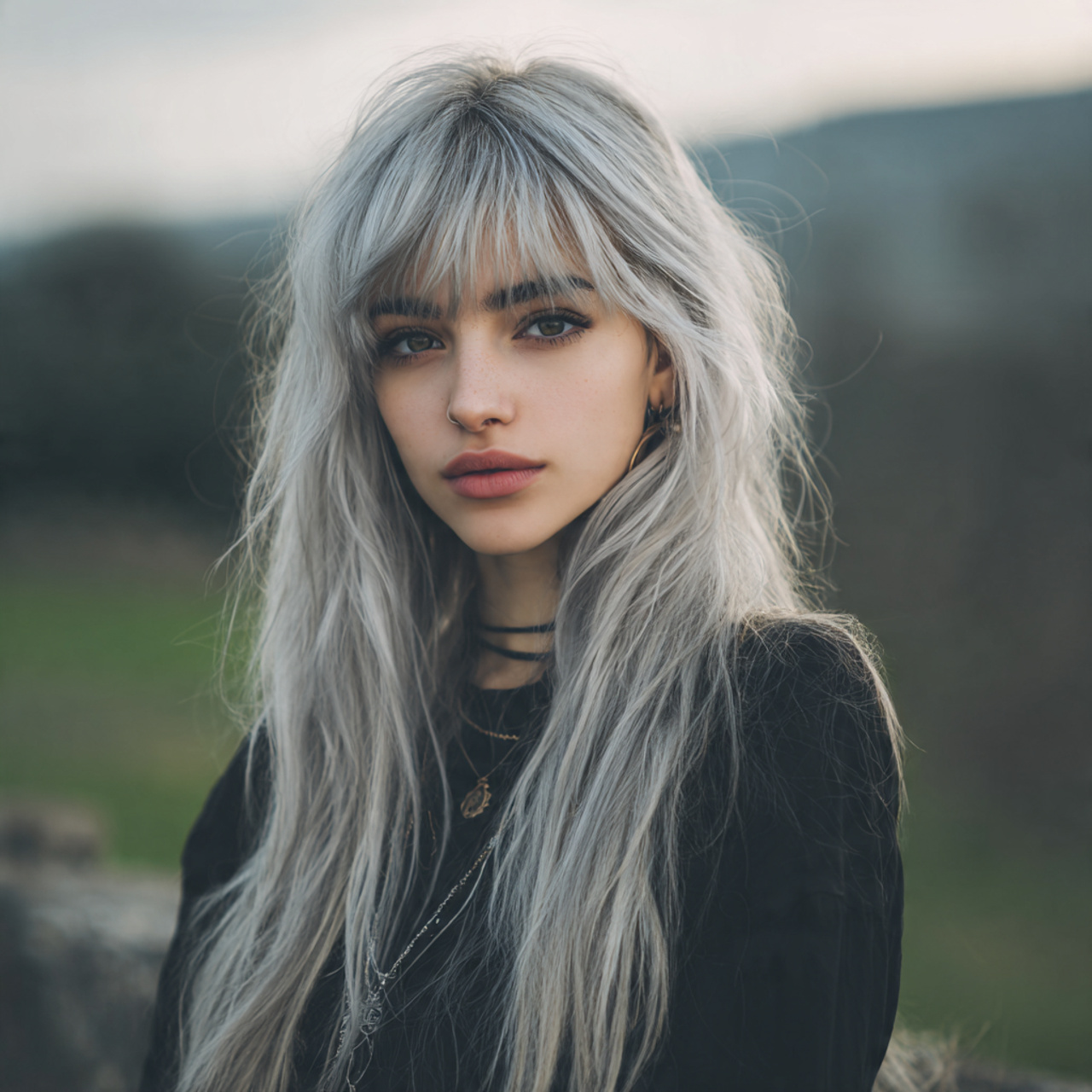 attractive women with long wolf cut with 18