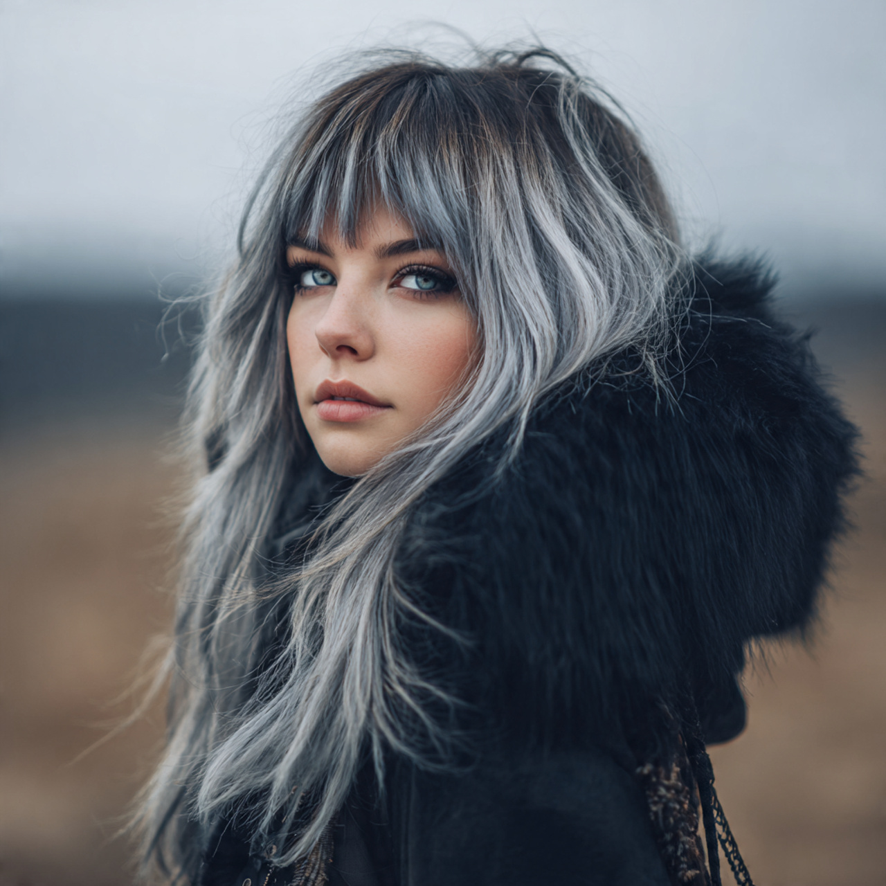 attractive women with long wolf cut with 2
