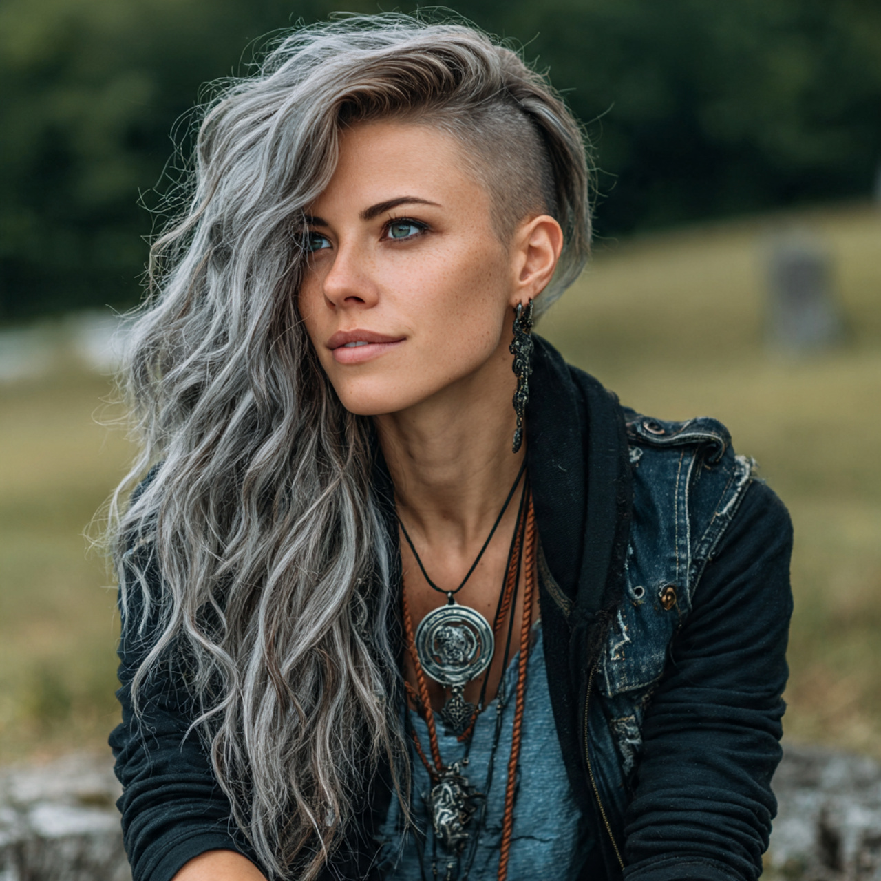 attractive women with long wolf cut with 3