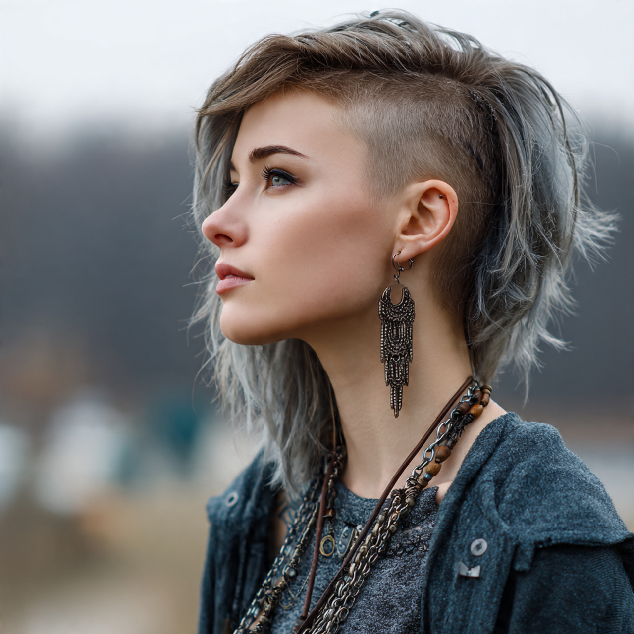 attractive women with long wolf cut with 8