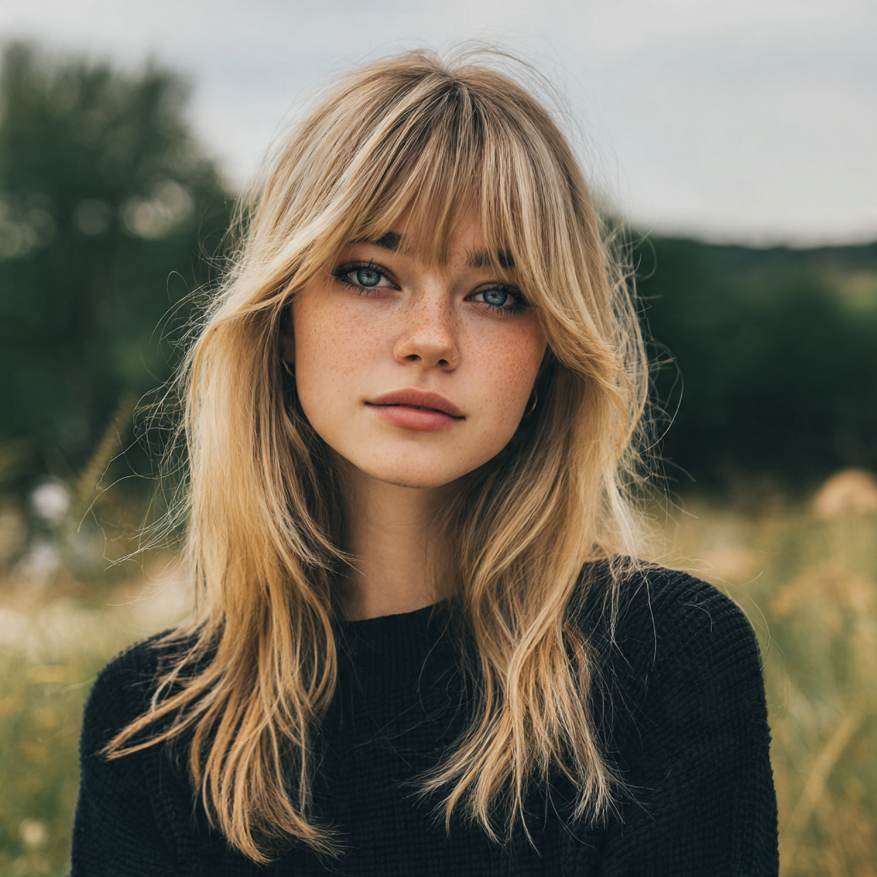 attractive women with long wolf cut with