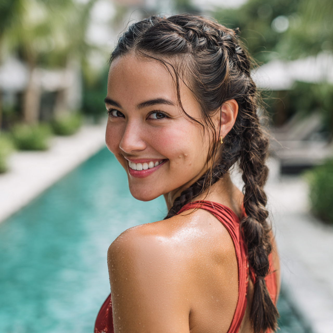 attractive women with low ponytail with braid