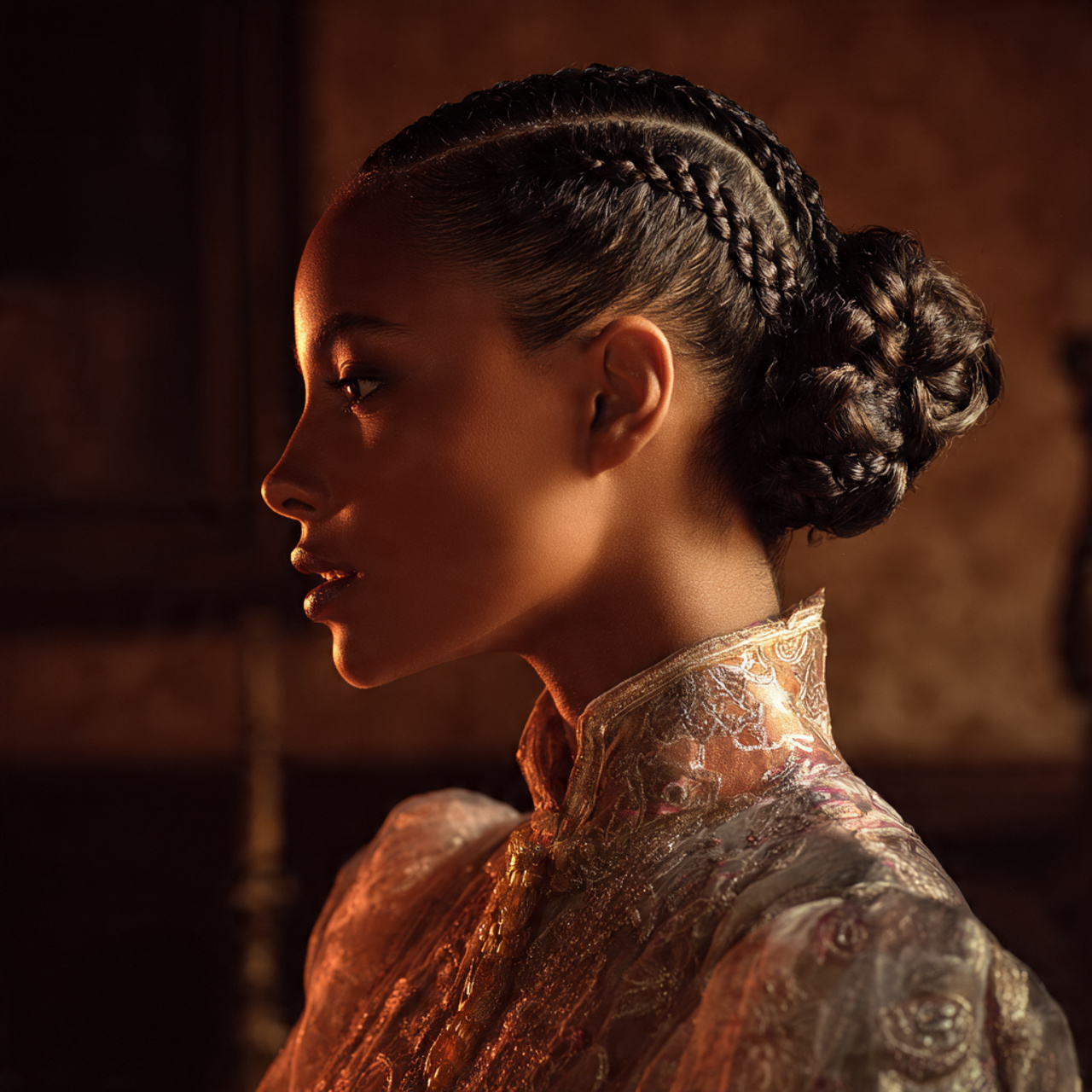 elegant indoor portrait of side bun goddess