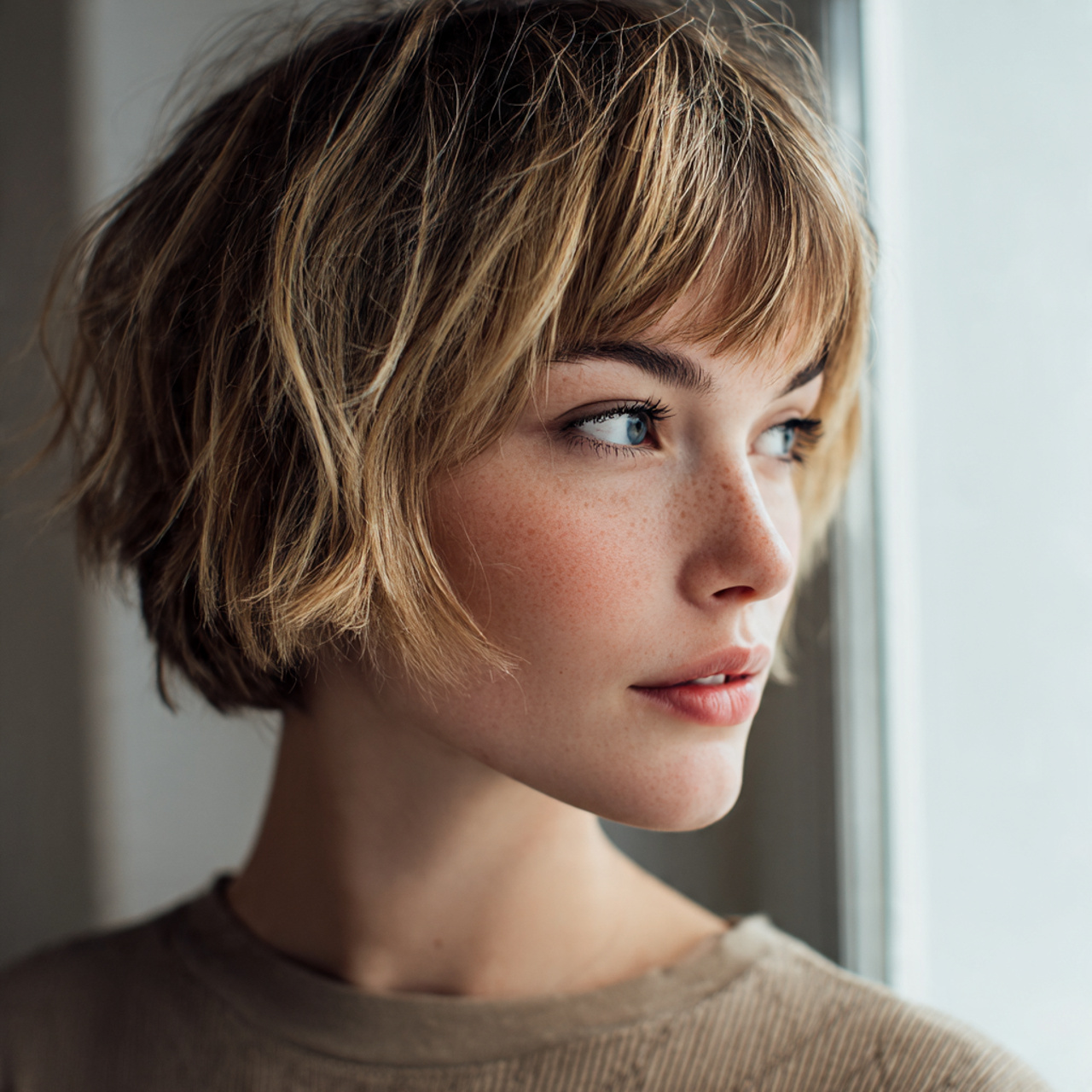 modern lifestyle portrait short layered crop haircut