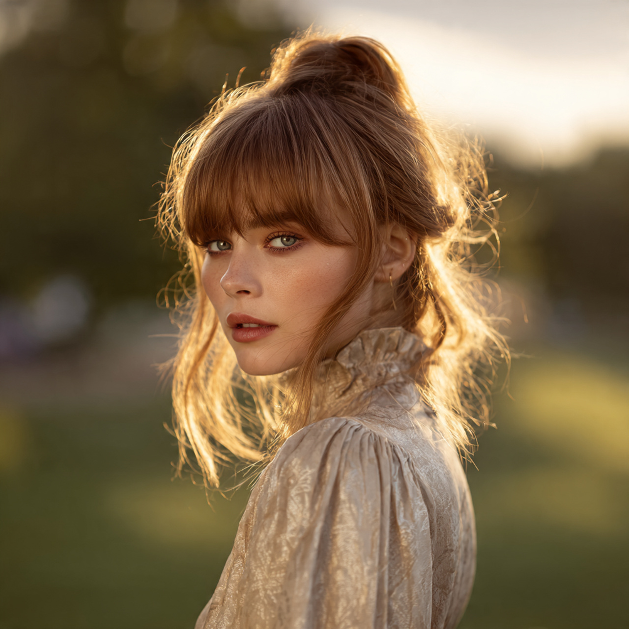 outdoor golden hour portrait of a hime haircut