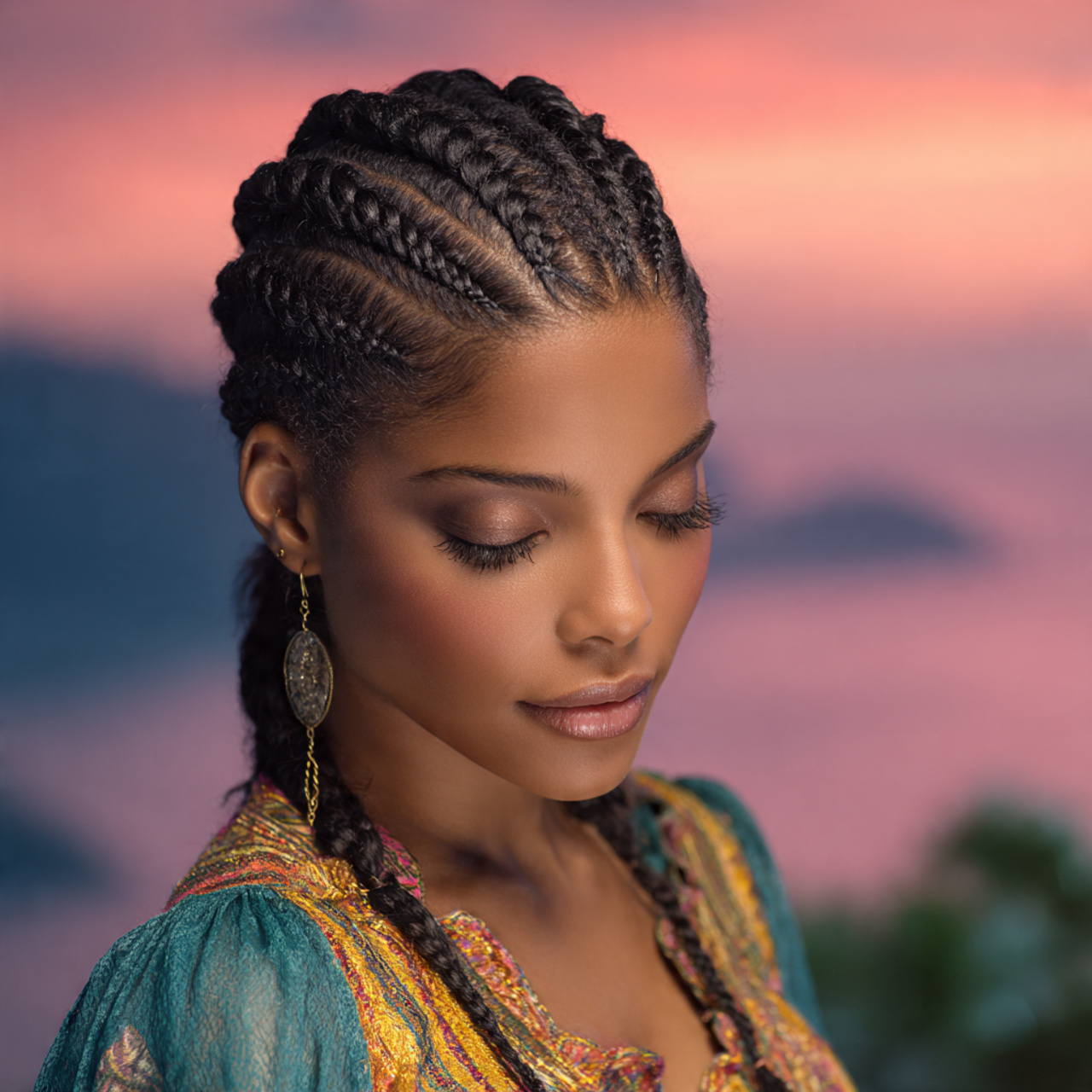 photorealistic salon portrait showing goddess cornrows with