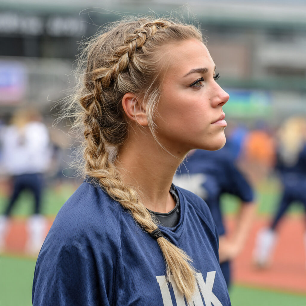 rope braid ponytail softball hairstyle of a
