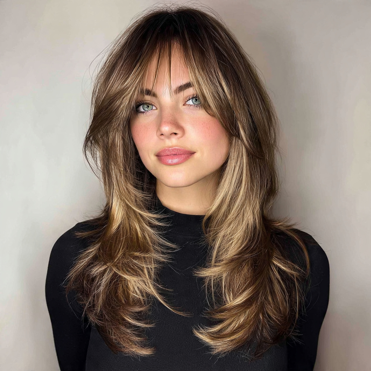 12 Hush Cut: Soft, Layered Hair Trend That Looks Effortless and Modern 6 an attractive women with layered hush cut with cur 1