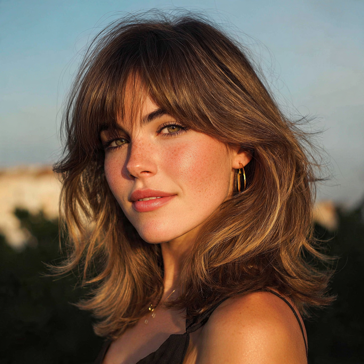 15 Soft & Trendy Hush Cut Hair Medium Ideas for Modern Style 3 an attractive women with outdoor view having curta 1