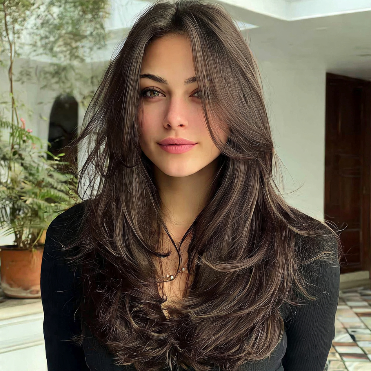 12 Long Hush Cut: Soft, Layered Hair Ideas for a Modern Effortless Look 6 an attractive women with outdoor view having feath