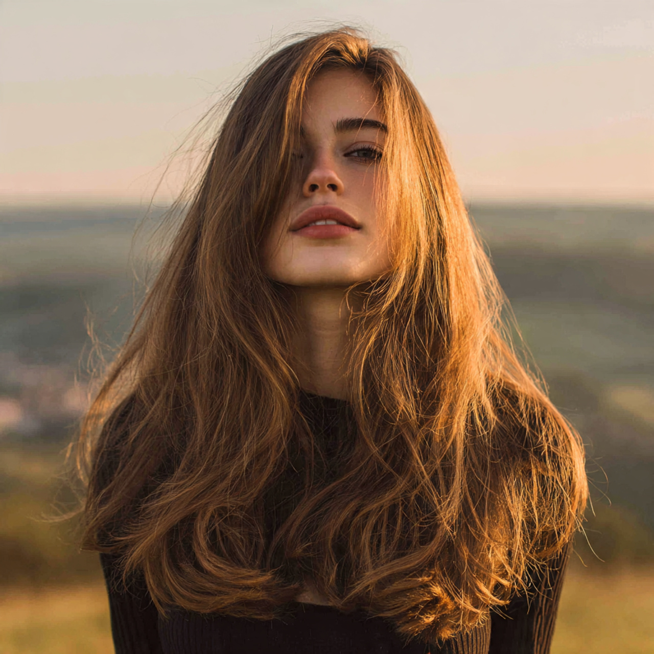 12 Long Hush Cut: Soft, Layered Hair Ideas for a Modern Effortless Look 12 an attractive women with outdoor view having natur 1