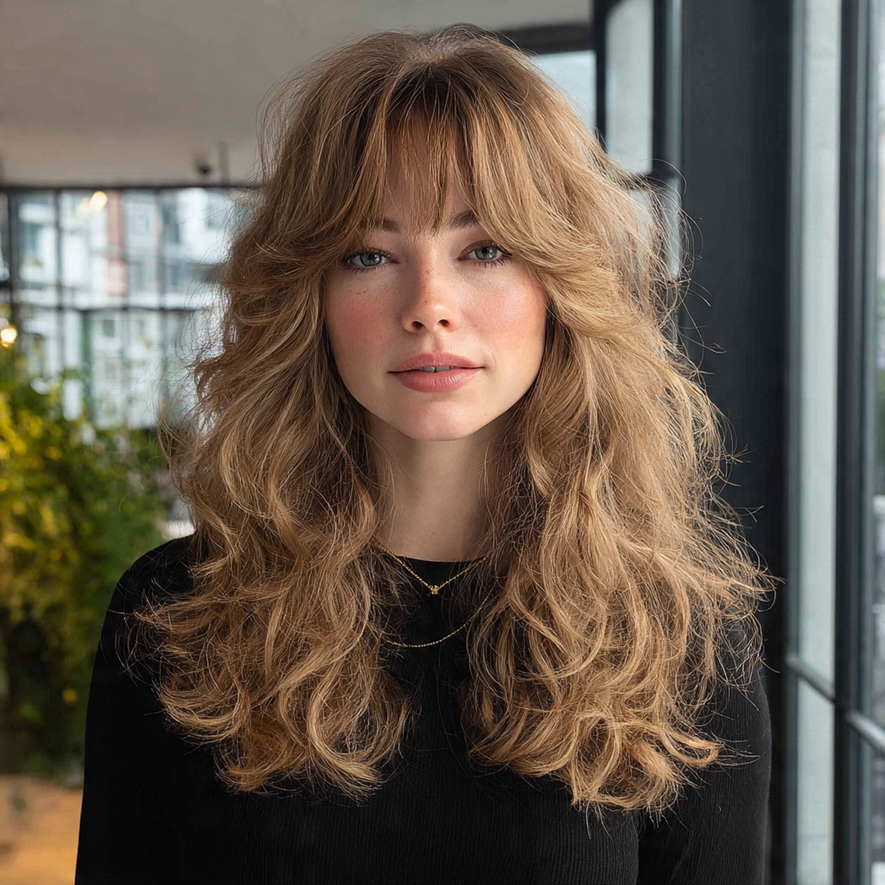 12 Long Hush Cut: Soft, Layered Hair Ideas for a Modern Effortless Look 4 an attractive women with outdoor view having wavy 1