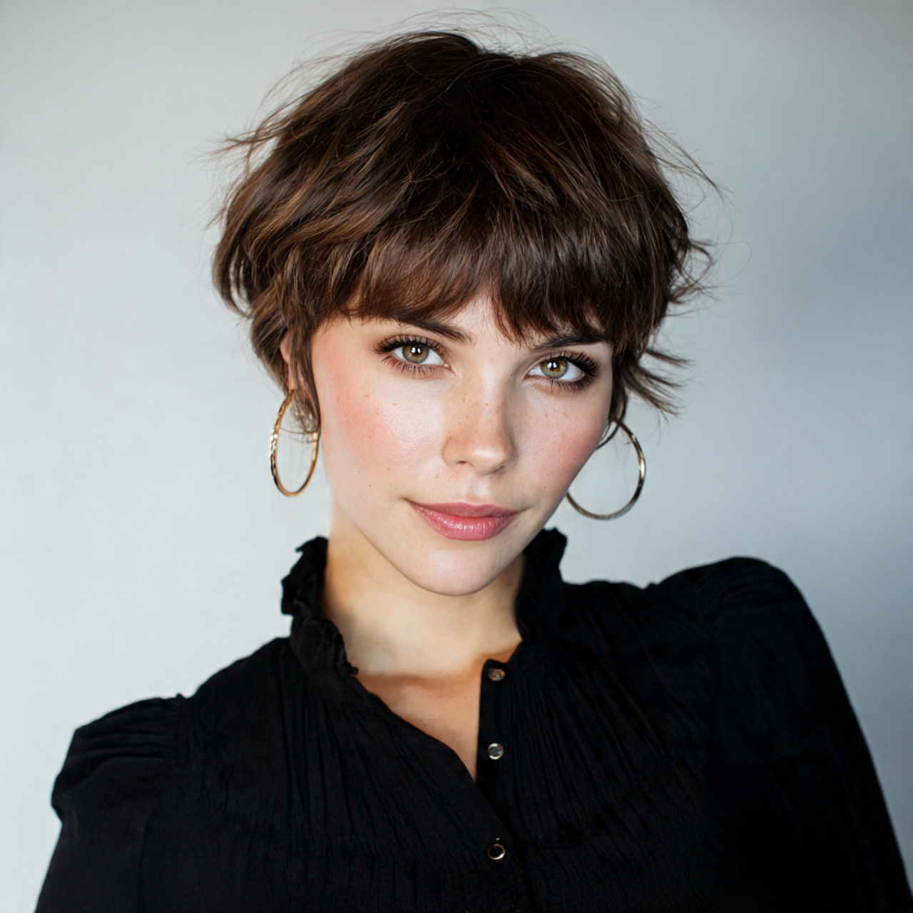 14 Hush Cut Short: Soft, Modern, and Effortlessly Stylish 3 an attractive women with wispy bangs hush cut shor