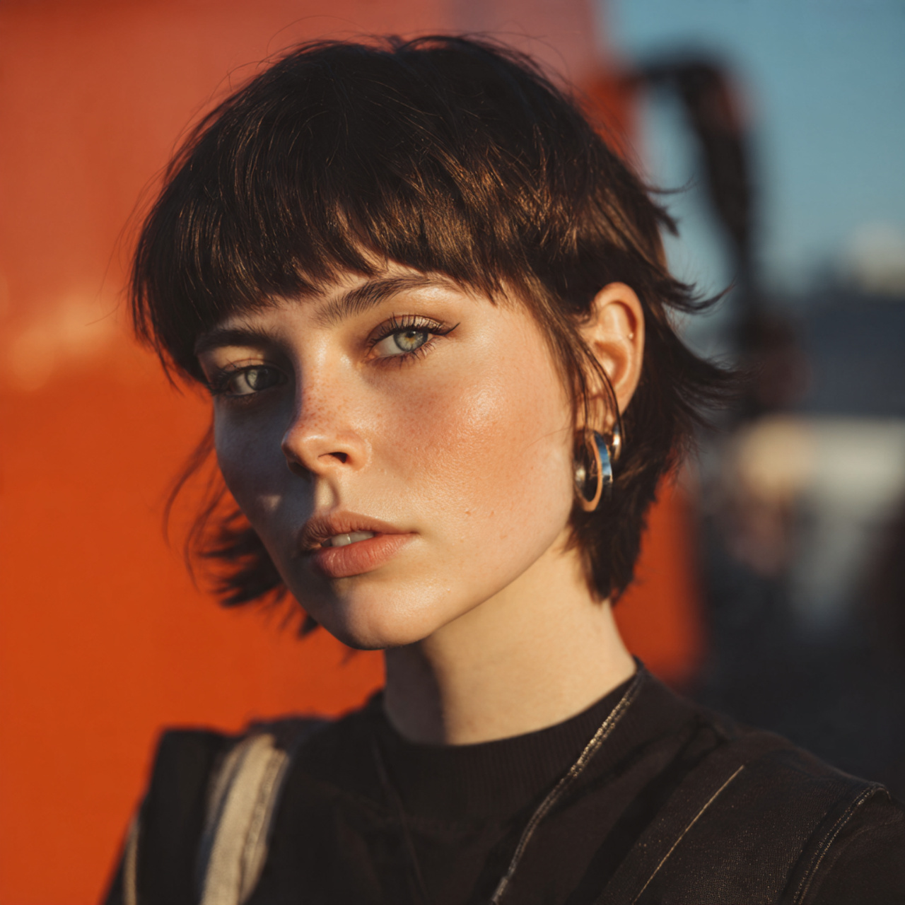 an attractive women having short clean mullet