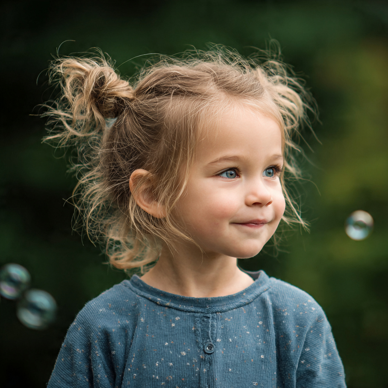 a cute kid having cute easy bubble ponytail hairst