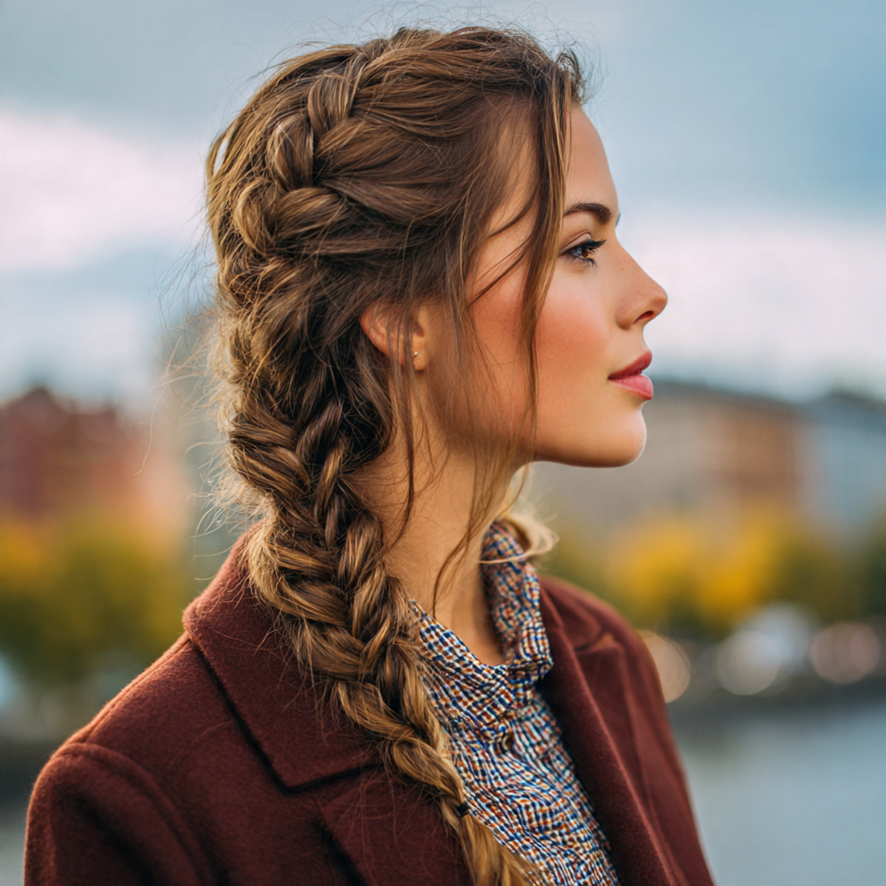 a girl having easy school loose side braid hairsty