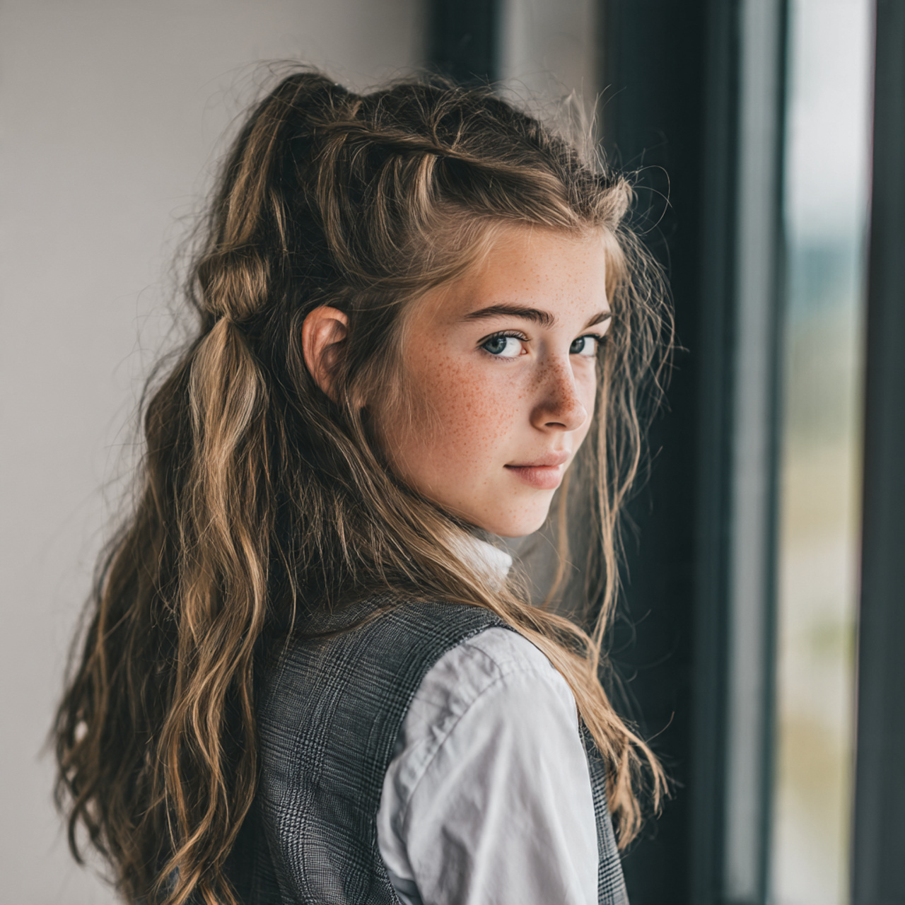 a school teen having easy half up half down hairst