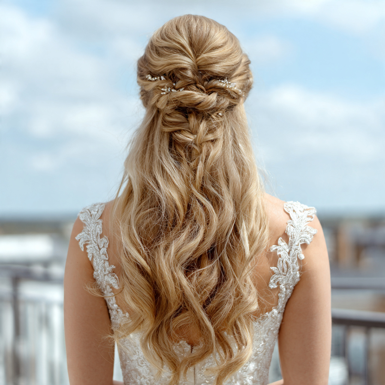 an attractive bride having easy half up twisted we