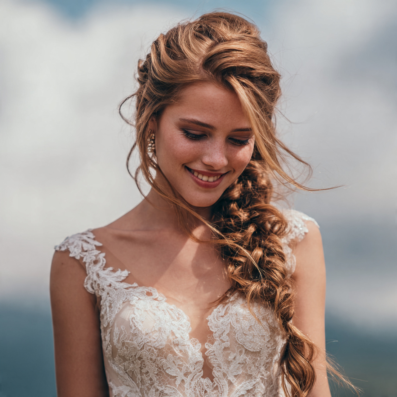 an attractive bride having easy loose bridal braid