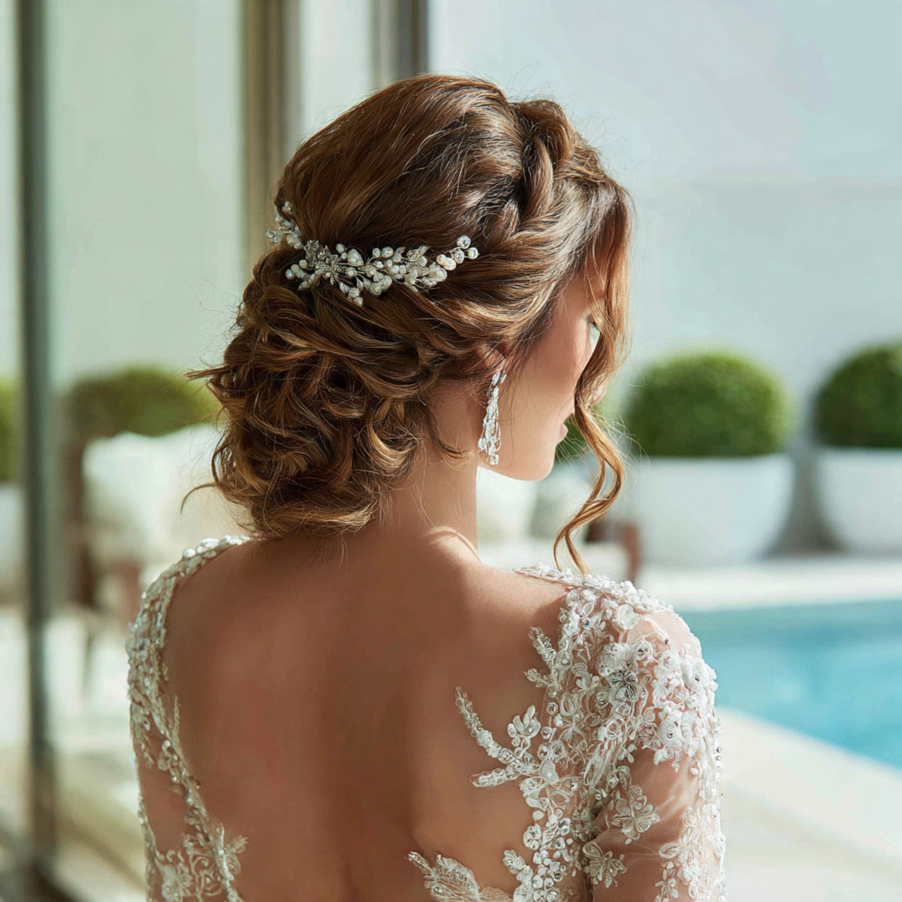 an attractive bride having easy soft curled low bu
