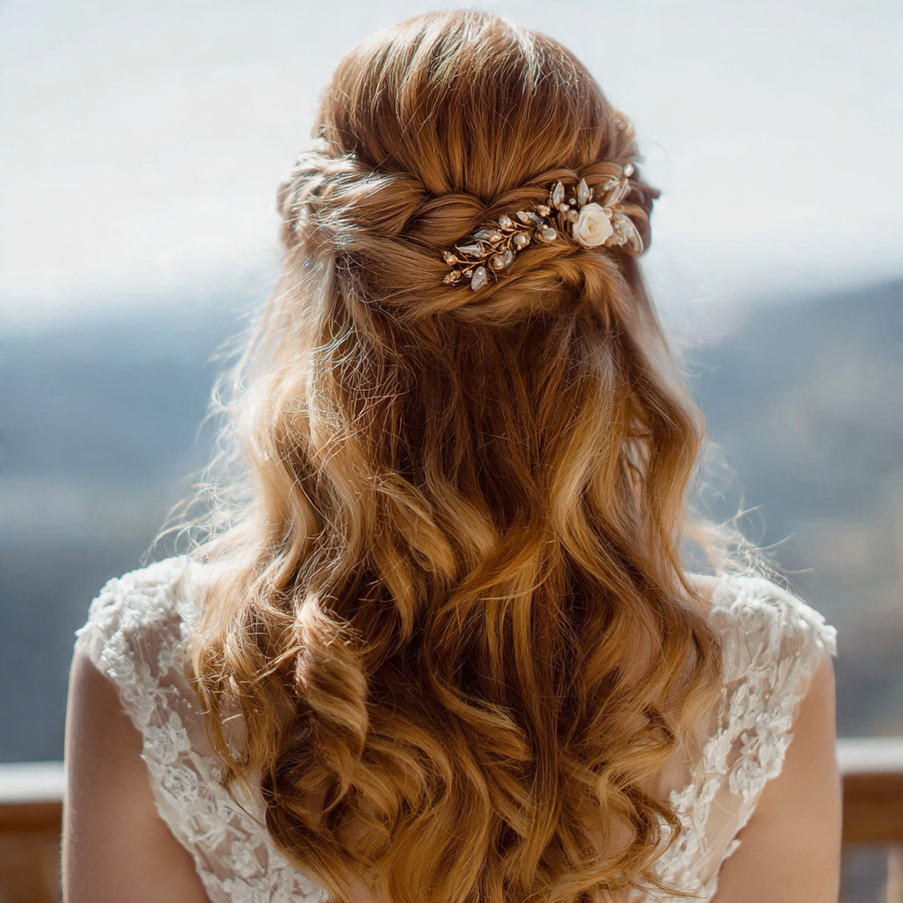 an attractive bride having easy twisted half up br