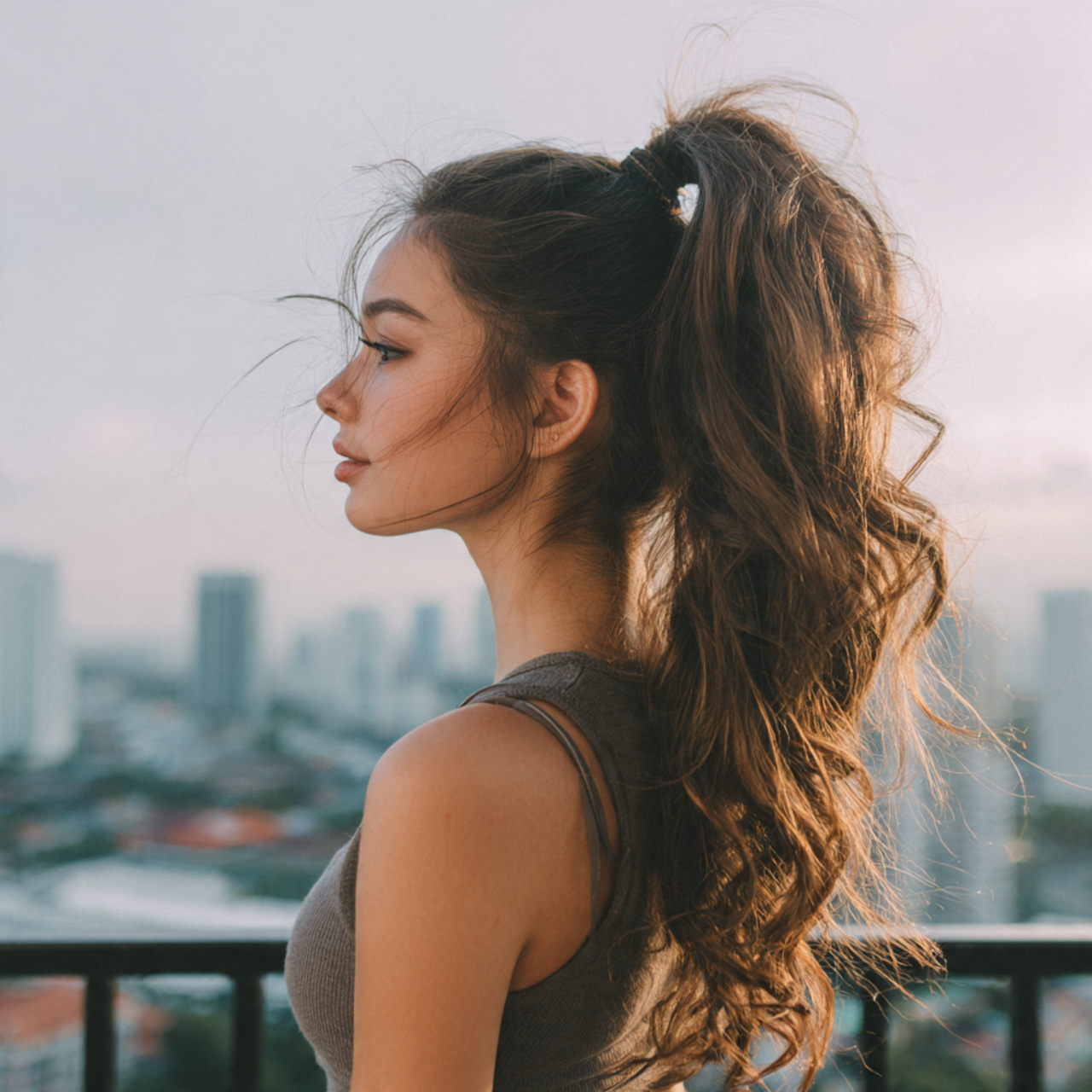 an attractive girl having easy messy high ponytail