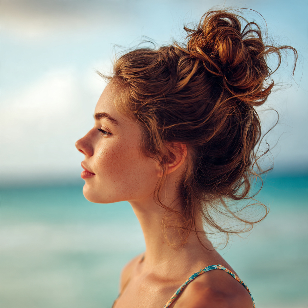 an attractive woman having beachy top knot hairsty