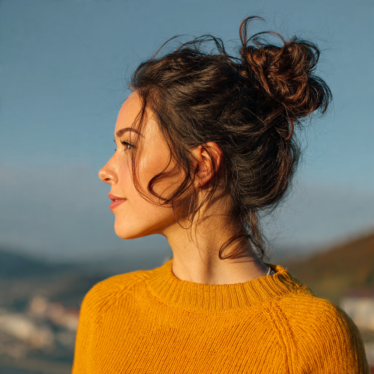 an attractive woman having casual messy top bun ha