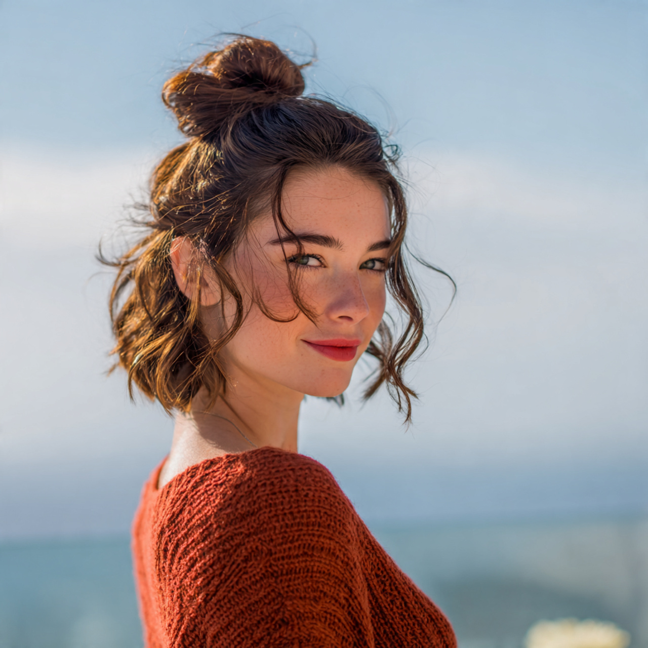 an attractive woman having cute easy casual half u