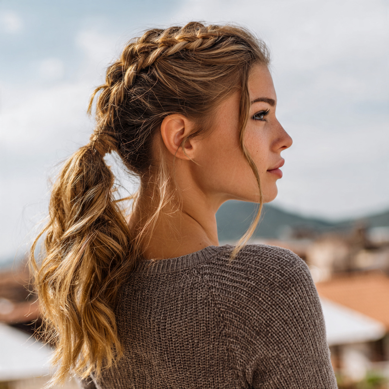 an attractive woman having easy braided half ponyt